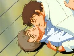 Gay hentai couple in love kiss and touch on the floor